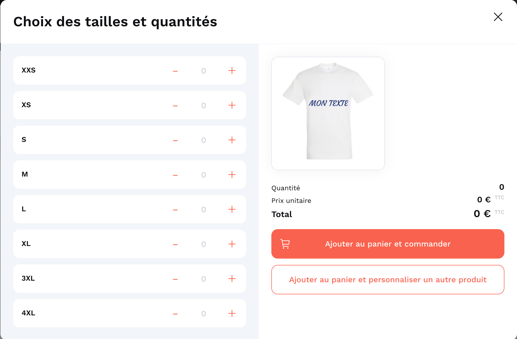 Choisir la/les quantité(s) par taille